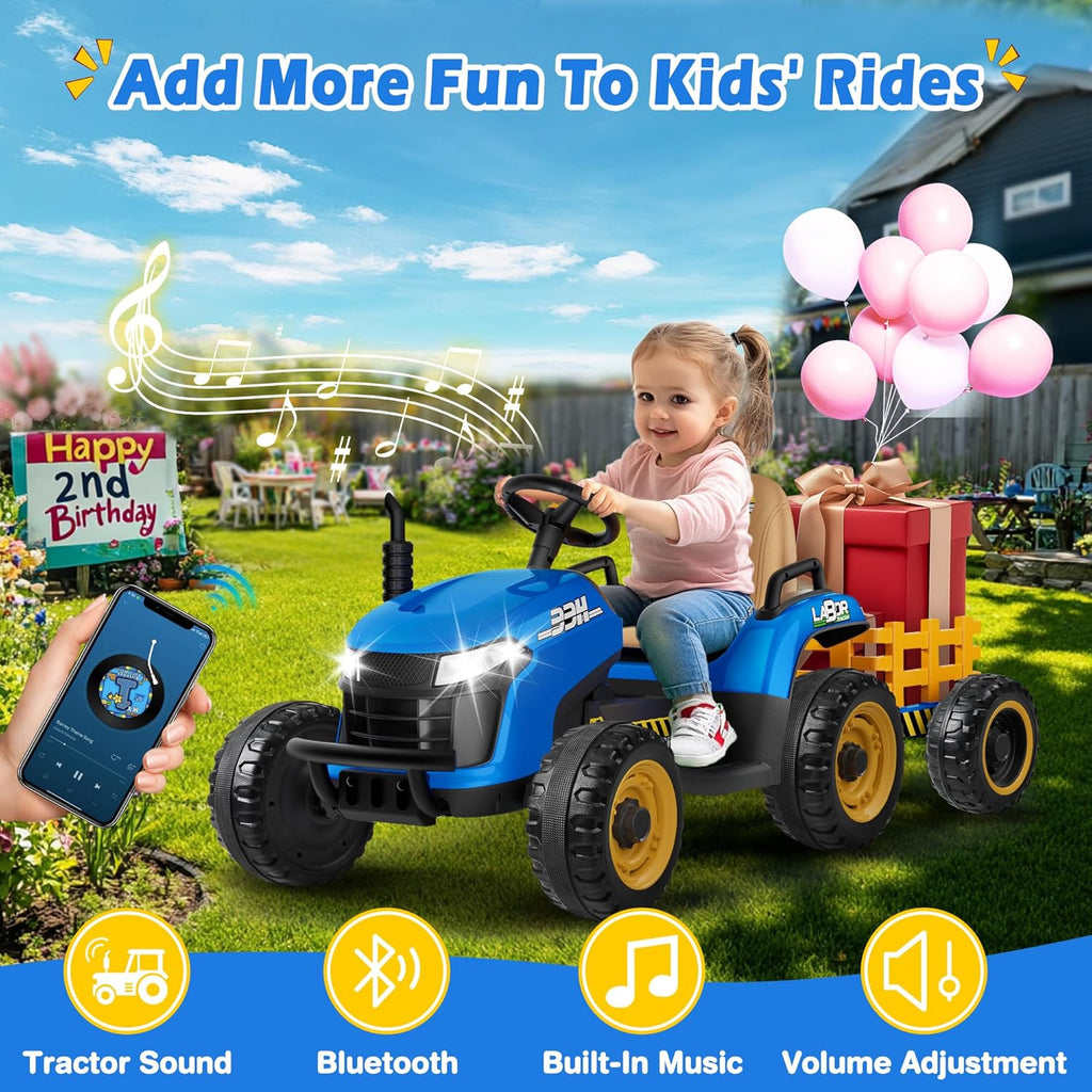 24V Ride On Tractor w/Tiltable & Detachable Trailer, 2x65W Motors, EVA Tires, Remote Control, Bluetooth, Shifter, Music, Electric Car for Kids Ages 2-5, Blue