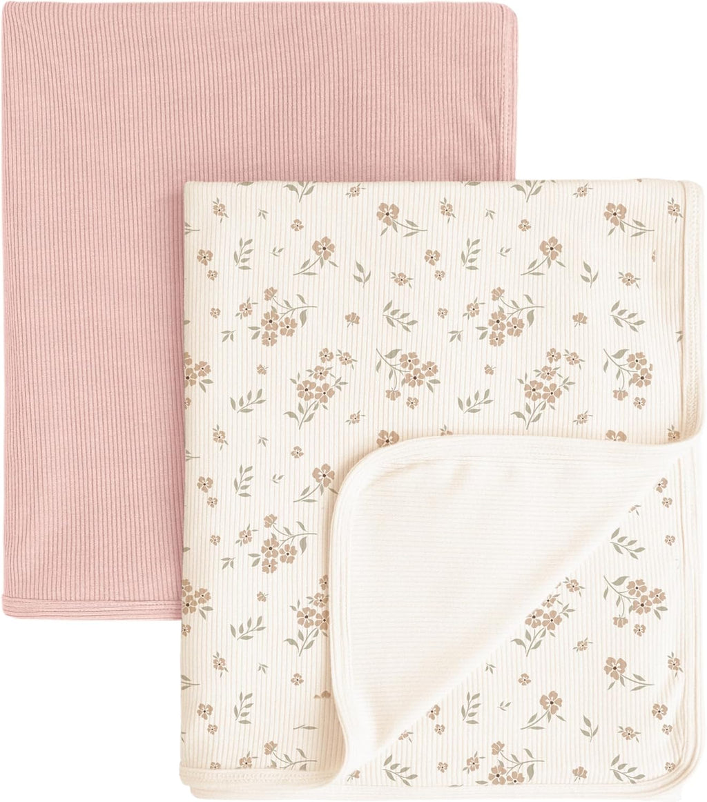 Konssy Knit Baby Blanket 2 Pack, Soft Ribbed Swaddle Receiving Blankets for Boys & Girls, Lightweight Cozy Swaddling Wrap for Newborns, Infants, & Toddlers, 33x42 Inch (Blossom,Pink)