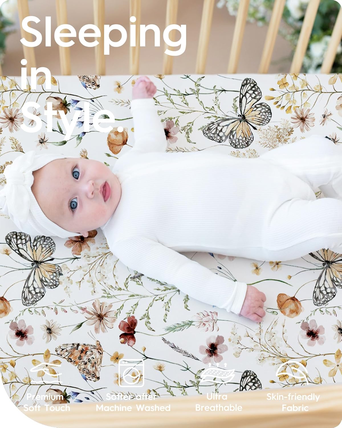 Crib Sheets for Boy Girl, Premium Soft Butterfly Crib Mattress Fitted Sheet, Ultra Breathable Baby Sheets, Super Stretchy Baby Bed Sheets 28''x52''x9'' Extra Deep Pocket, 2 Pack