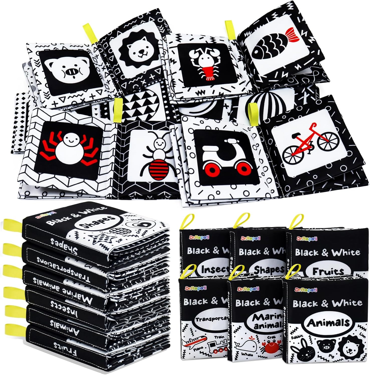 Dr.Rapeti Soft Cloth Books Baby Books Bath Books 6-Pack for Baby Infant Toddler Kids High Contrast Black and White Crinkle Washable Chewable Non-Toxic Early Educational Giftable