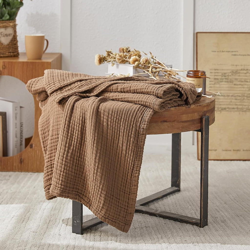 EMME Cotton Muslin Throw Blanket Couch Breathable Gauze Blanket Soft Lightweight Blankets Adults (Brown, 50"x60")