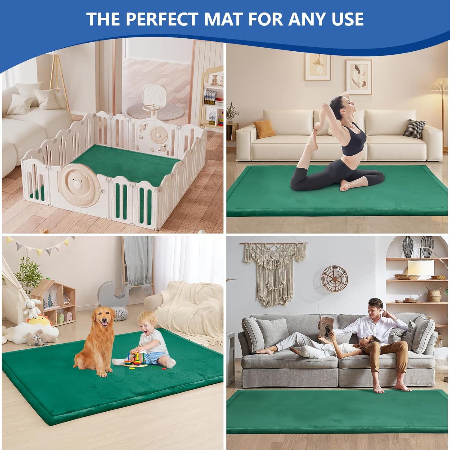 Baby Play Mat for Floor,1.3" Thick Memory foam Tummy Time Mat for Toddlers,Infants,kids,Water-Repellent Soft Nursery Rug,Extra Large Non Slip for Crawling&Yoga,Tatami Style for Living Room(Dark Green)