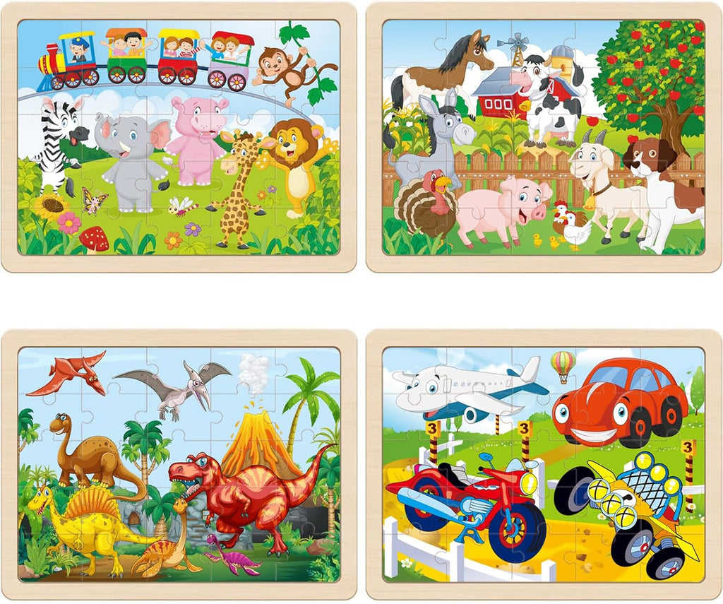 Wooden Puzzles for Kids Ages 4-6, 4 PCs 24 Animals Cars Farm Dinosaur World Jigsaw Puzzles, Preschool Educational Brain Teaser Toys for 3 4 5 6 7 8 Years Old