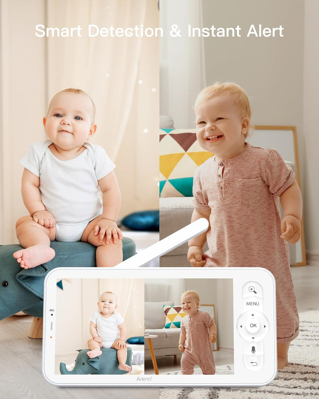 ARENTI Baby Monitor with 2 Cameras, 2K/3MP WiFi 6 Camera and Audio, 5-inch Wireless Screen, Smartphone App, Super Night Vision, Crying Detection, Auto Tracking, Temp&Humidity Sensor (D3 Set)