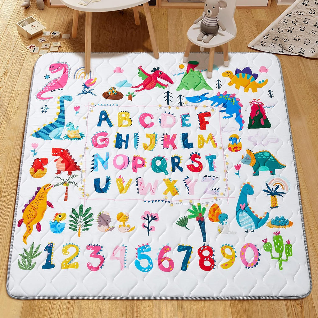 Baby Play Mat - Thicken 50x50 Inch Soft Foam Crawling Mat for Playpen & Floor, Non-Slip Waterproof Playmats for Infants & Toddlers, Portable Foldable & Machine Washable, Dinosaur & Letters