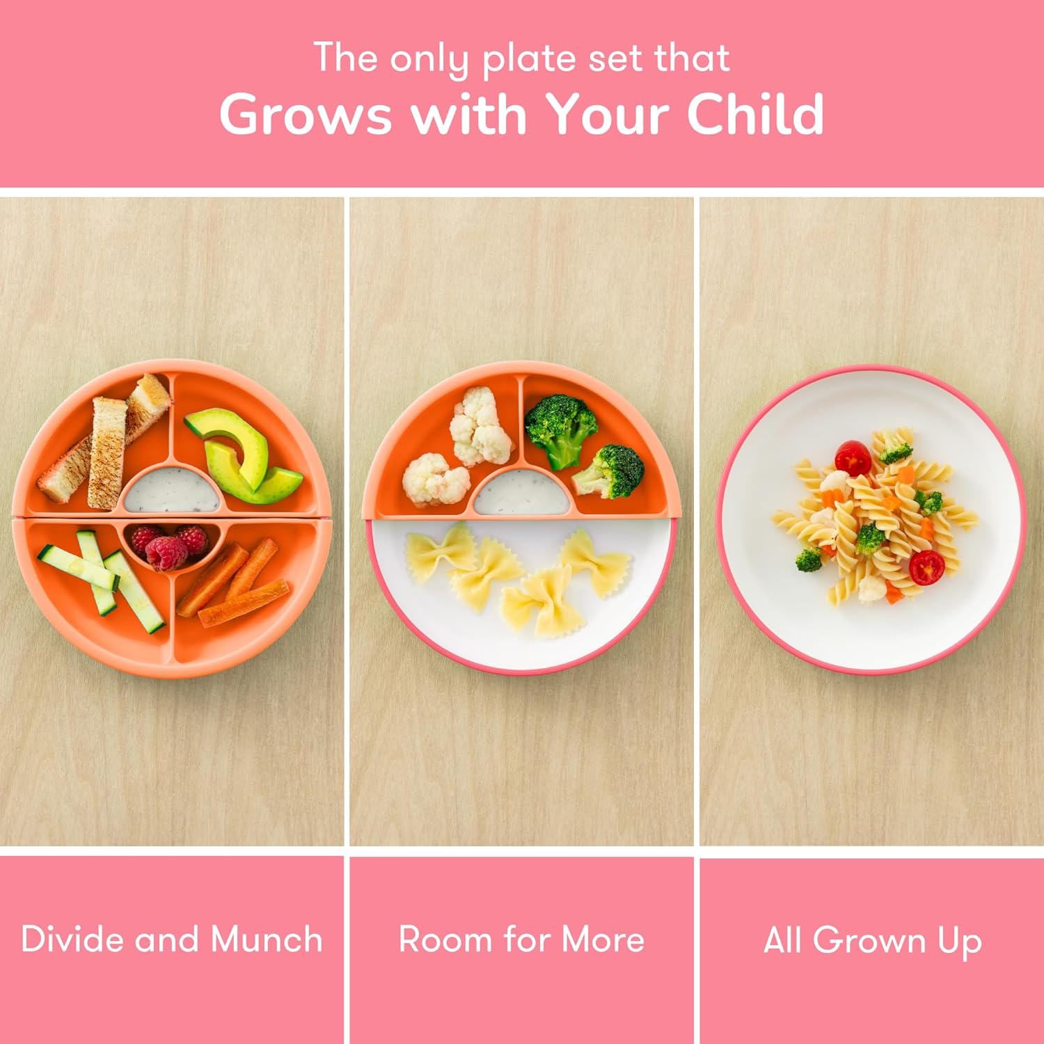 Omie® Easy Scoop Plates for Kids | Unique Design Helps Food Fall into the Spoon, Not on the Table | Made from Plants | 3 Plates + 2 Silicone Dividers | Pink
