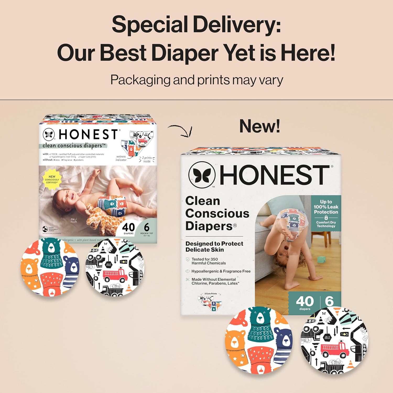 The Honest Company Clean Conscious Diapers for Delicate Skin | Up to 100% Leakproof | Hypoallergenic, Fragrance Free | Gender Neutral | Club Box, Size 6 (35+ lbs), 40 Count (Prints May Vary)