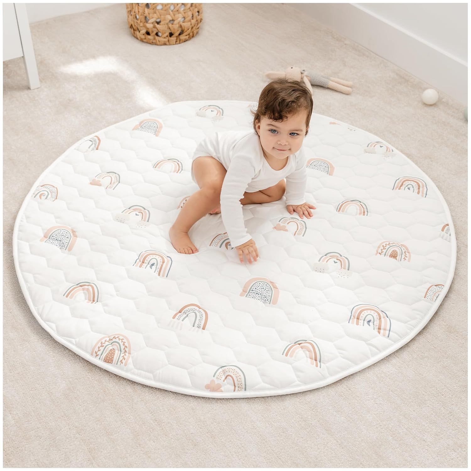 Comfy Cubs Round Kids Play Mat - Medium 48 inches Soft Quilted Baby Floor Mat with Non-Slip Bottom - Plush Design for Toddlers' Playtime and Relaxation - Comfortable and Durable - Rainbow