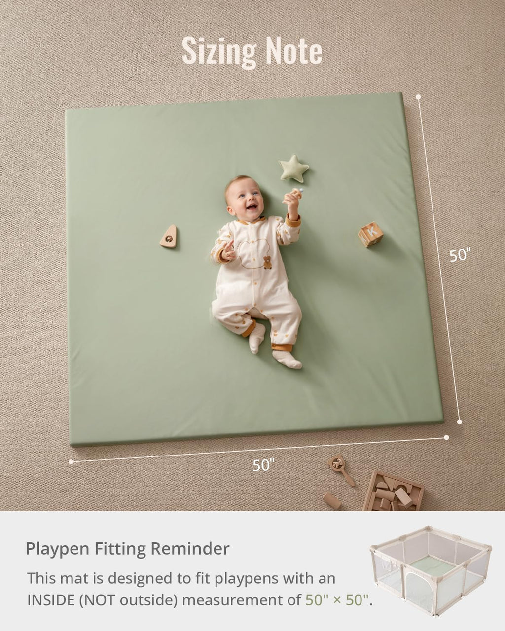 Blissful Diary Vegan Leather Baby Play Mat, 50x50 Thicken Foam Cushioned & Waterproof Playpen Mat for Infants and Toddlers, Stylish and Just Wipe-Clean Playmat for Baby Play on Floor, Light Green