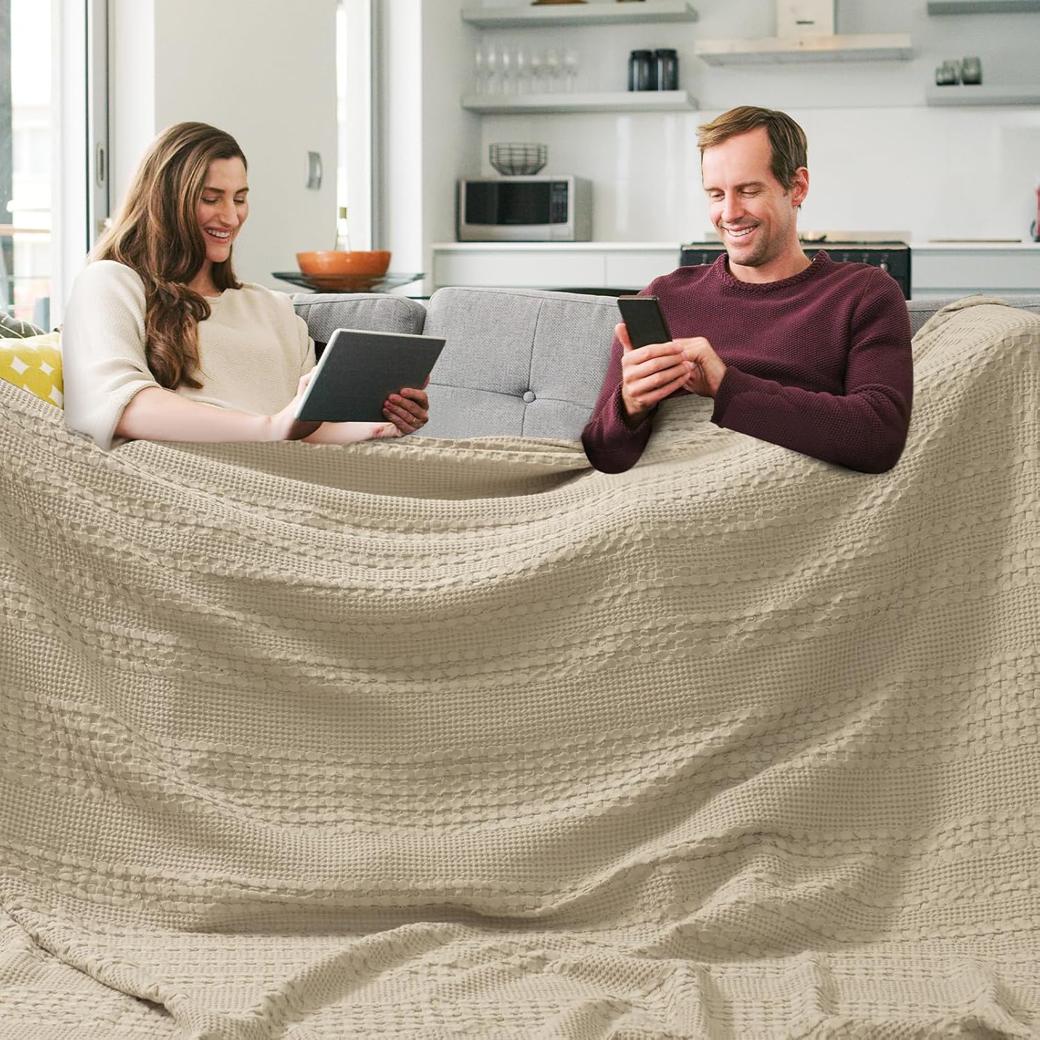 PHF 100% Cotton Waffle Blanket Oversized King 120"x120", Lightweight Breathable Extra Large 10'x10' Summer Blankets for Bed, Giant Big Luxury Aesthetic Woven Bedding for Home Decor, Khaki