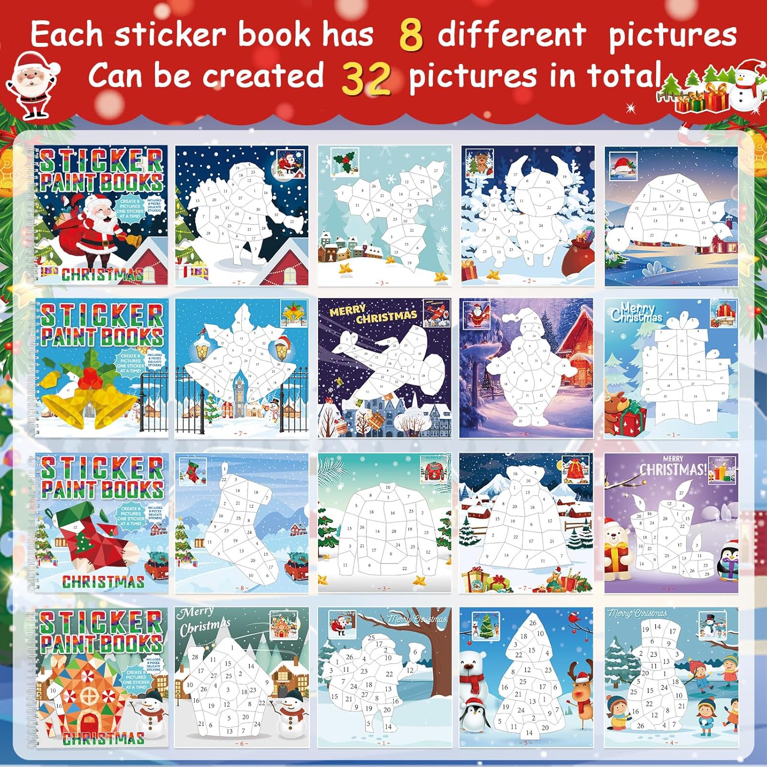 4 Pcs Christmas Paint by Sticker Books for Kids Ages 4-8 Sticker by Number Books Activity Book for Kids Ages 3-5 Sticker Puzzle Book Craft Art Toddlers Gift Snowman Santa Claus Xmas Tree 32 Pictures