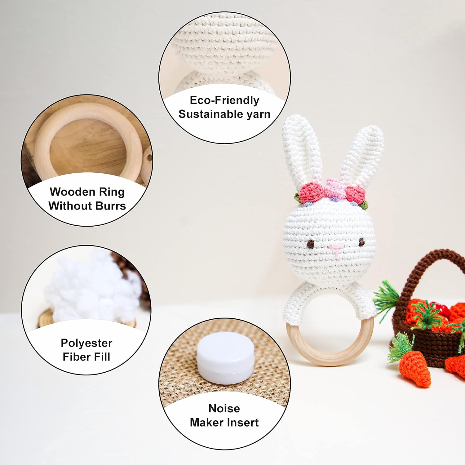 Bunny White Bunny rattles Toy for Young Children, Handmade Woolen Toy with Strict Quality Testing Process, Usable as House Decoration (White Bunny Rattles)