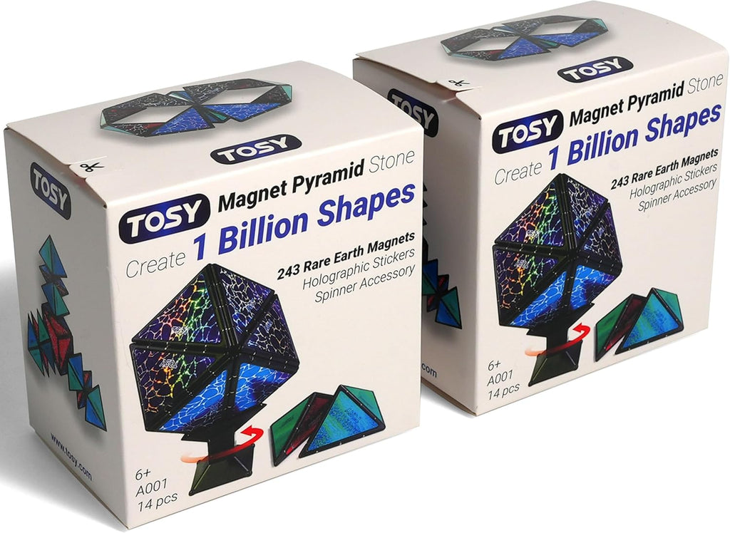 TOSY Magnet Pyramid Stone - 1 Cube Transforms into 1 Billion Shapes, 14 pcs (12 Puzzle pcs and 2 Accessories), 243 Rare Earth Magnets, Holographic Design Magnet Tiles Creative Puzzle STEM Toy, 2-Pack