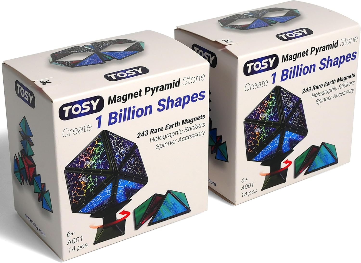 TOSY Magnet Pyramid Stone - 1 Cube Transforms into 1 Billion Shapes, 14 pcs (12 Puzzle pcs and 2 Accessories), 243 Rare Earth Magnets, Holographic Design Magnet Tiles Creative Puzzle STEM Toy, 2-Pack