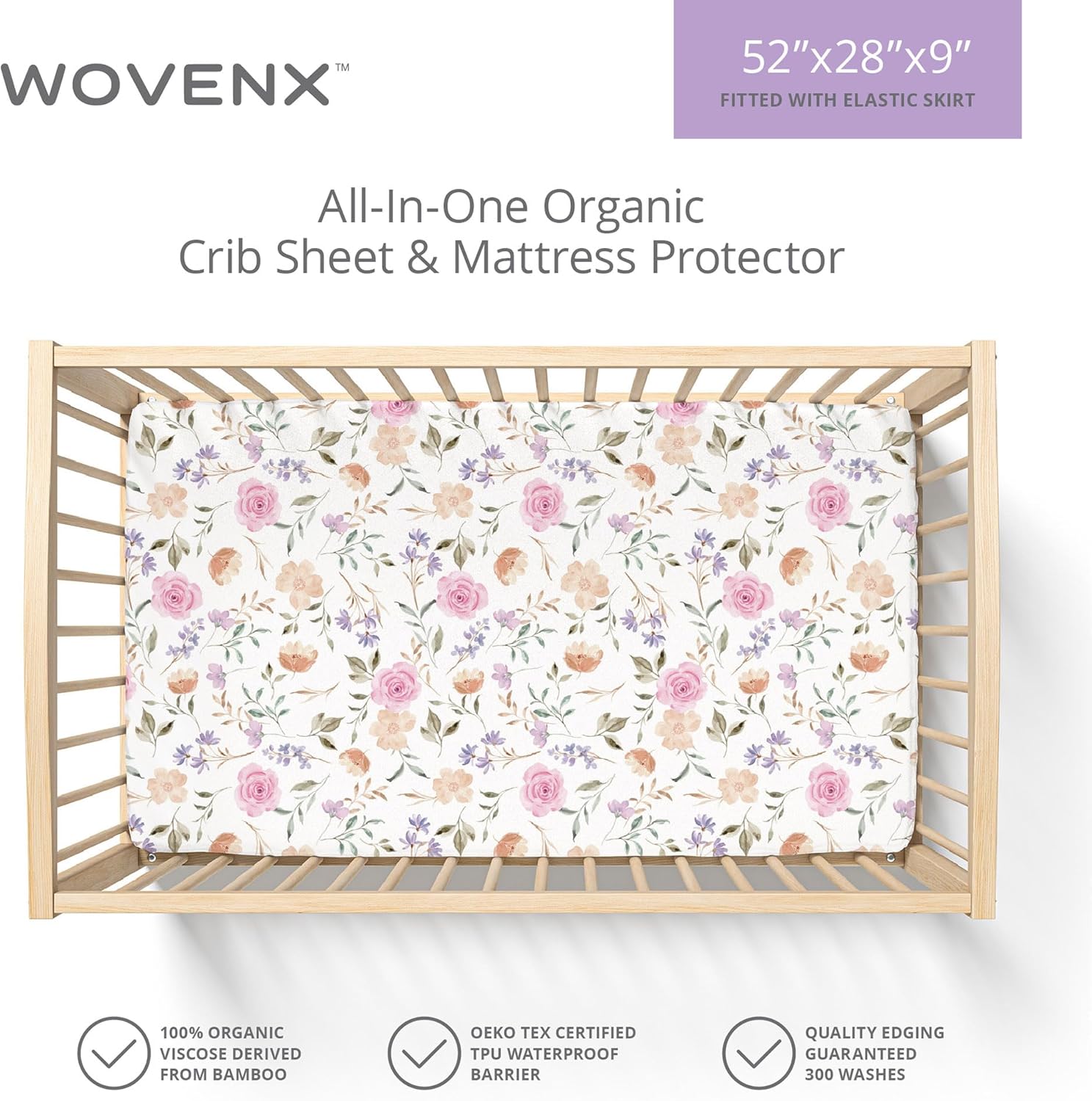 Organic All in One Crib Sheet and Mattress Protector - Waterproof Protectors - Reusable Washable – Fits Cribs – 52”x28”- with 9” Skirt Flower