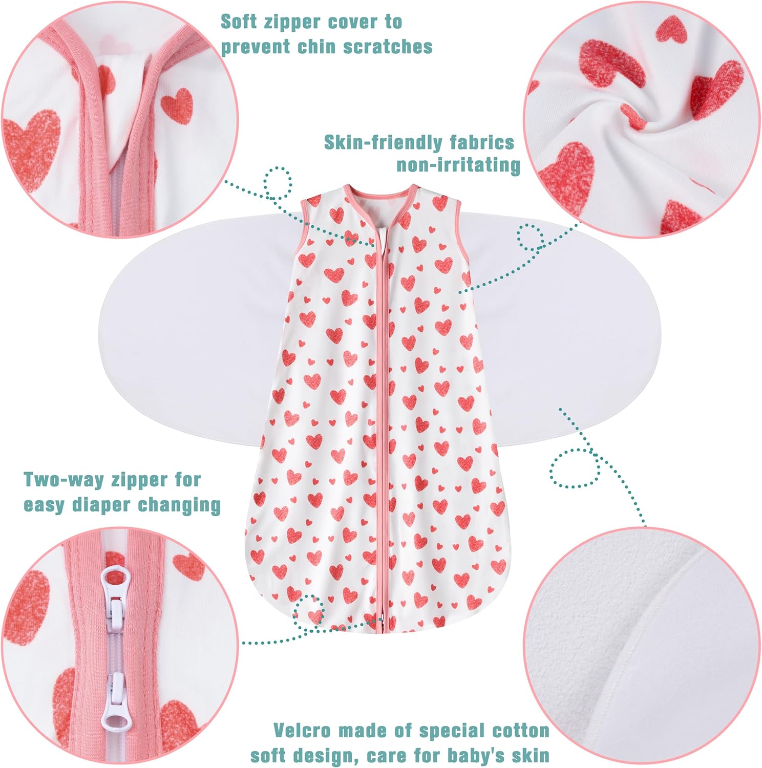 Newborn Sleep Sack Baby Swaddle,0-3 Months,3-Way Adjustable Wearable Blanket,100% Rayon Cotton Swaddling Sleeping Bag，TOG 0.5（Heart&Floral）
