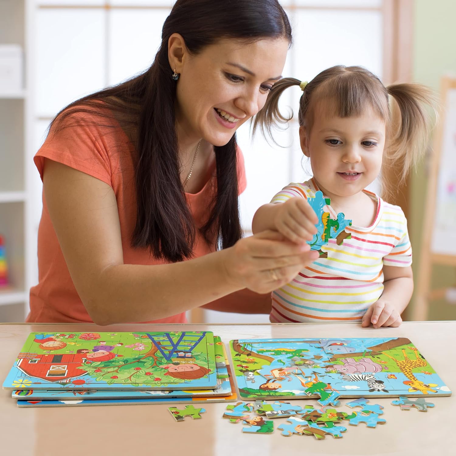 SYNARRY Puzzles for Kids Ages 4-8, 4 Pack Wooden Jigsaw Puzzles for Kids Ages 3-5 Years Old 40 Pieces, Preschool Puzzle Toy Gift for Children Boys and Girls, Farm Dinosaur Animal Construction Theme