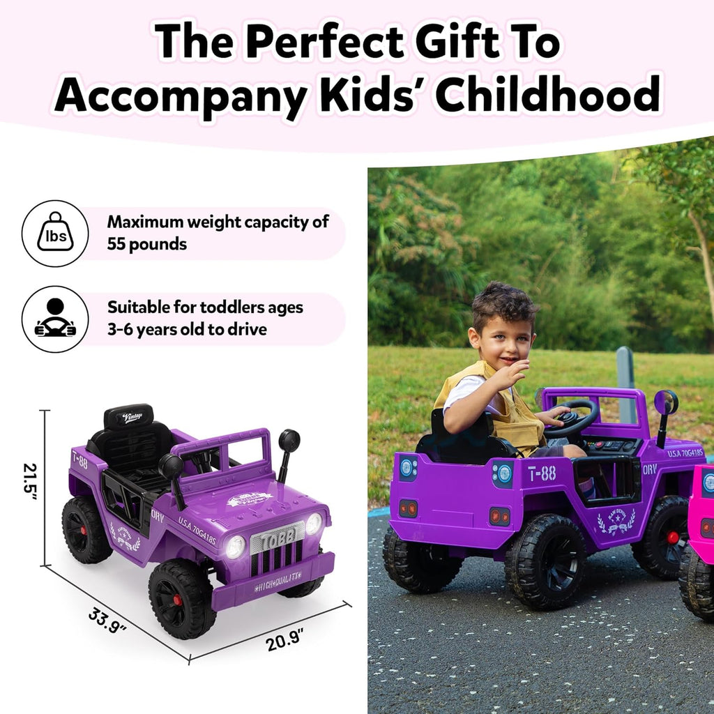 TOBBI 12V Kids Electric Ride On Car Toy, Children Battery Powered Truck to Drive, Motorized Vehicles for Toddlers 3-6 with with Off-Road Wheels/Suspension/Horn/LED Lights-Purple