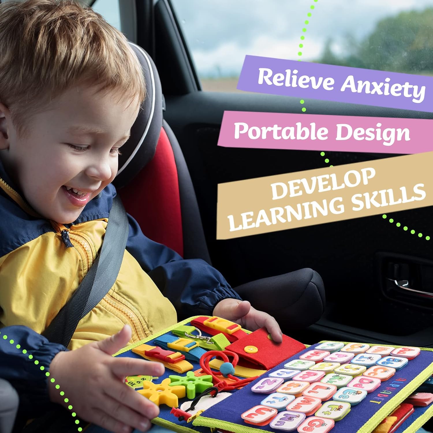 TenFans Montessori Busy Board | 1-4 Year Old Toddler Learning Toy | Fine Motor Skills Development | Montessori Sensory Playset | Early Childhood Education Tool | Portable Travel Preschool Activity Kit