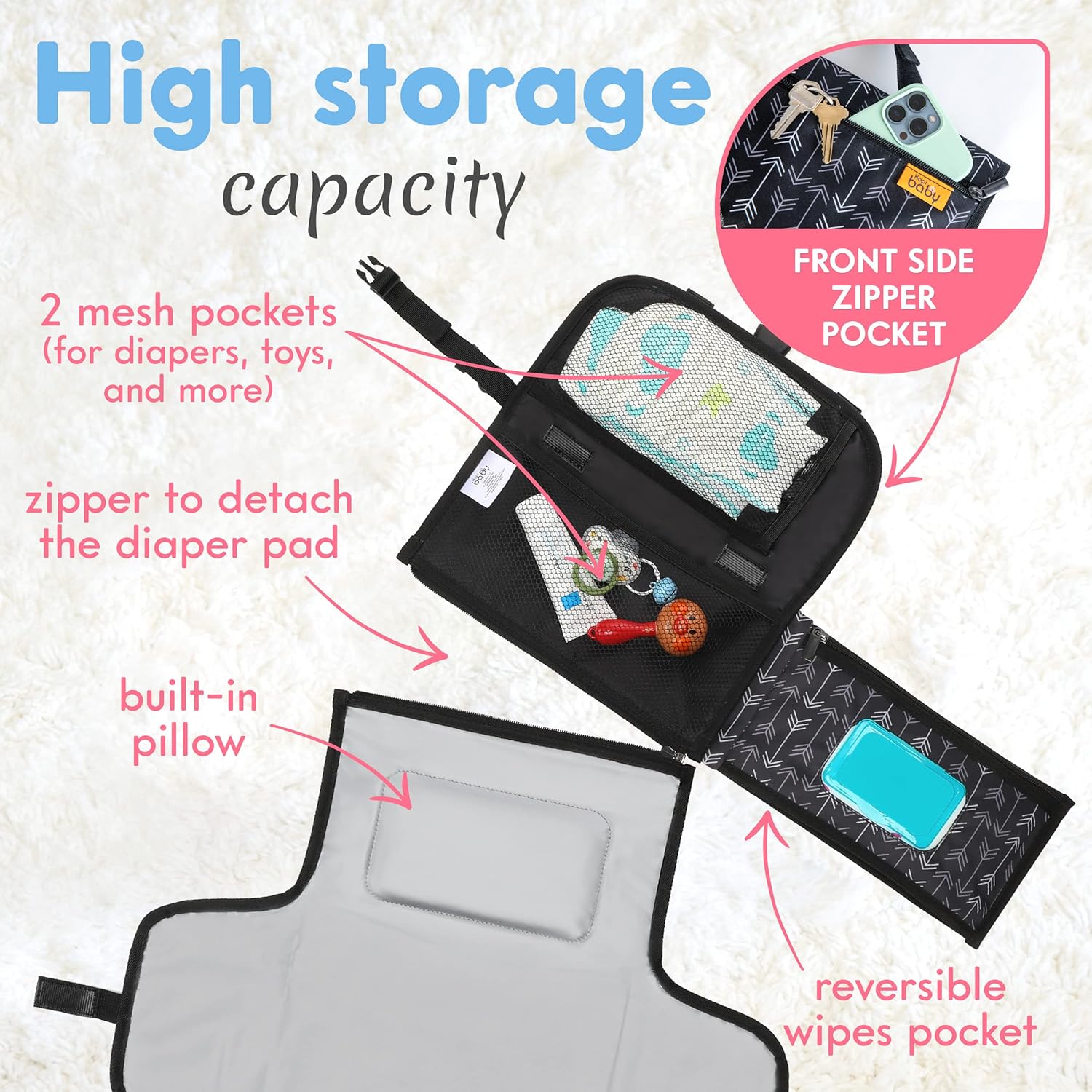 Kopi Baby Portable Diaper Changing Pad - Baby Diaper Changer Travel Bag with Wipes Pocket, Smart Design Portable Changing Mat, Infant Travel Station Kit, Gift for Newborn - Black Arrows, Classic