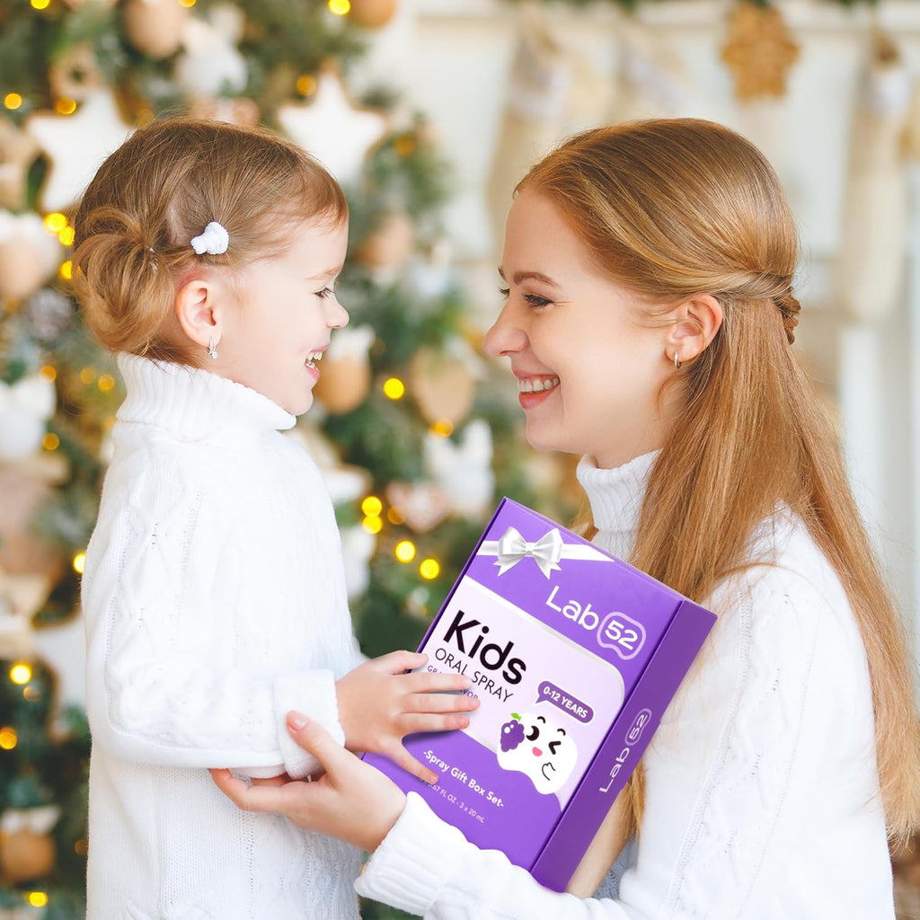 LAB52 Kids Oral Spray Gift Box, Toddler Toothpaste Helper for Daily Oral Care and Fresh Breath, Children Approved with Fluoride Free for Newborn to Preschoolers, Xylitol Grape Flavor (3 Packs)
