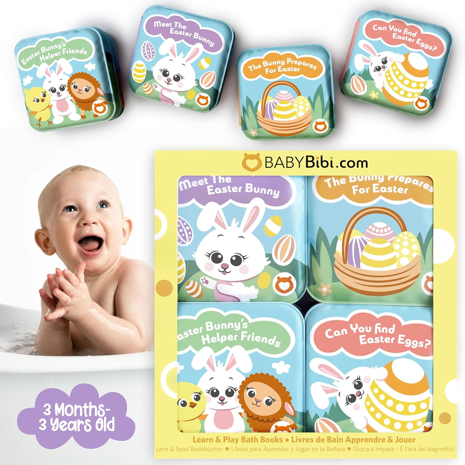 Easter Bath Book Set for Babies & Toddlers – 4 Colorful, Soft, and Waterproof Bath Books with Bunny & Animal Friends – Fun Bath Toys & Basket Stuffers – Perfect for Easter & Baby Showers