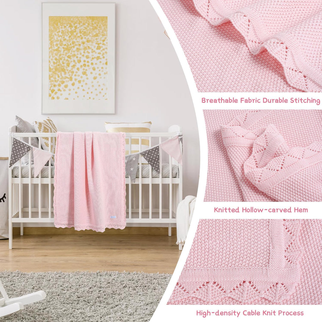 100% Cotton Baby Blanket Knit Soft Warm Lace Toddler Newborn Nursery Blanket,30 x 40 Inches, Light Pink