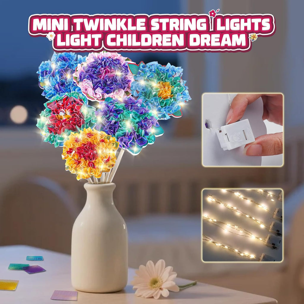 Flower Bouquet Art Craft Kit, Poke DIY Creative Activity Kit with with 6 Flowers & 6 Light Strings, Mess-Free Fun for Girls & Boys, Fun & Educational Kids Craft Gift for Girls Boys Ages 4, 5, 6, 7, 8+