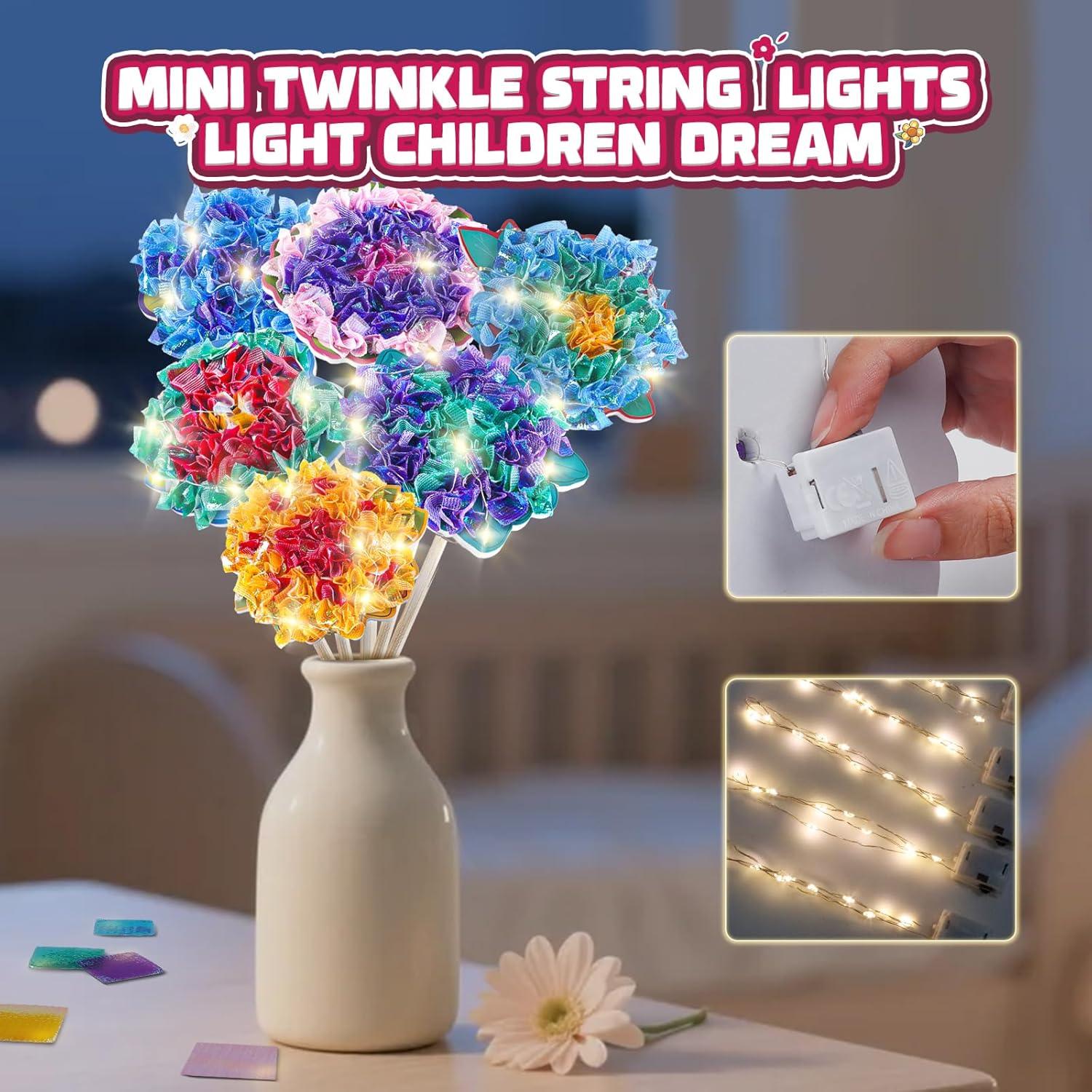 Flower Bouquet Art Craft Kit, Poke DIY Creative Activity Kit with with 6 Flowers & 6 Light Strings, Mess-Free Fun for Girls & Boys, Fun & Educational Kids Craft Gift for Girls Boys Ages 4, 5, 6, 7, 8+