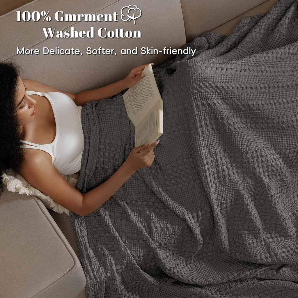 PHF 100% Cotton Waffle Weave Blanket Twin Size, Soft Lightweight Breathable Cozy Summer Blankets for Bed, Luxury Aesthetic Woven Bedding for Home Decor, 66"x90", Charcoal Grey