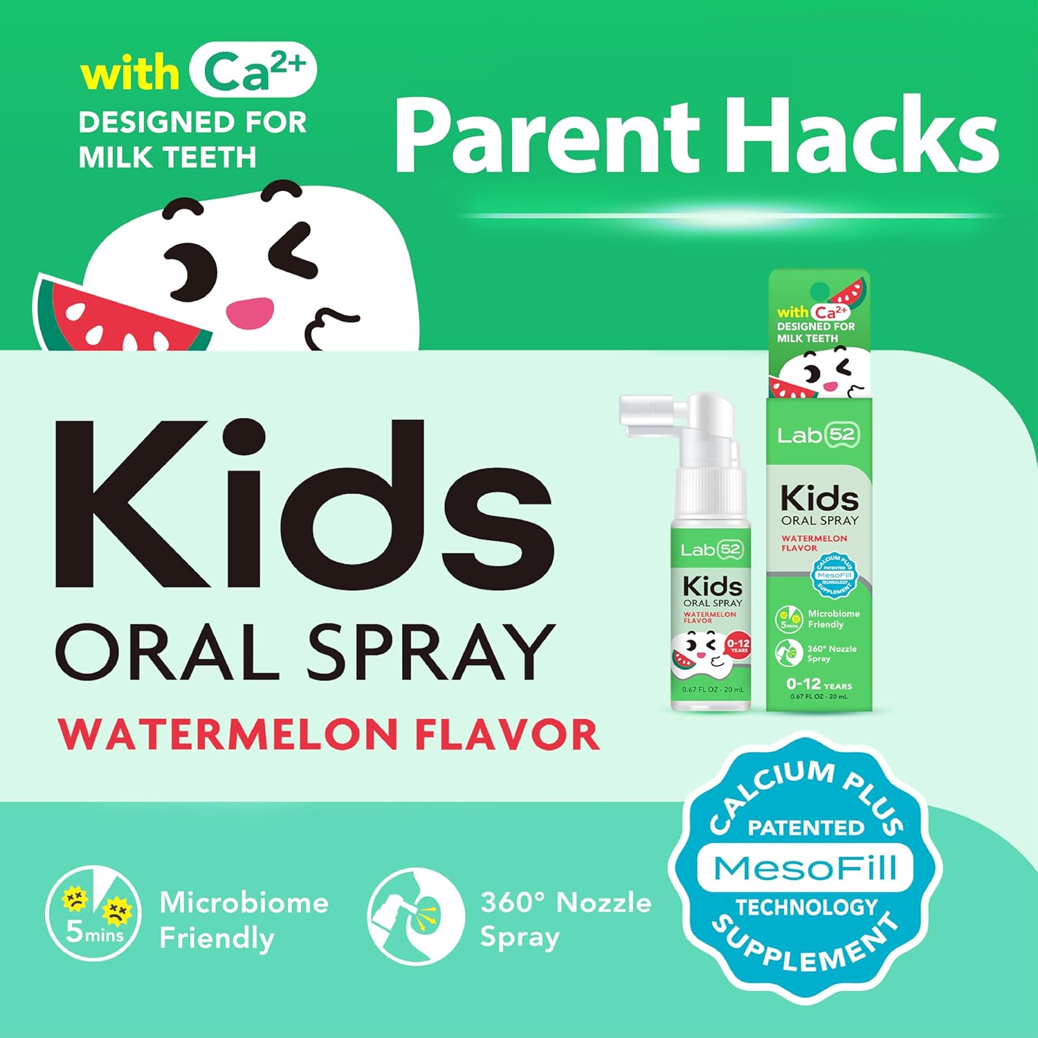 LAB52 Kids Oral Spray, Toddler Toothpaste Helper for Daily Oral Care and Fresh Breath, Children Approved with Fluoride Free for Newborn to Preschoolers, Xylitol Watermelon Flavor
