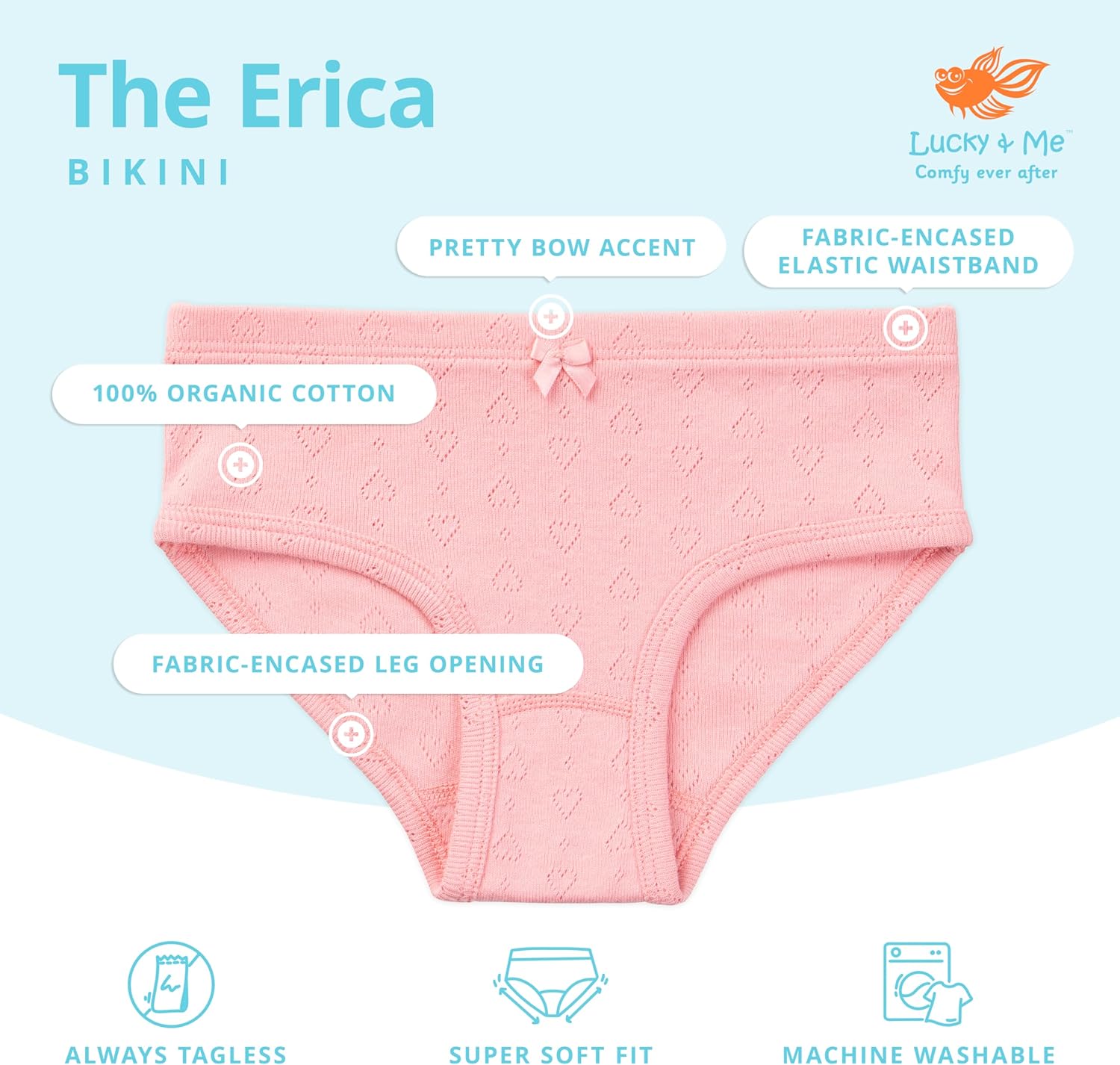Lucky & Me Erica Girls Bikini 100% Organic Cotton Children's Underwear 6 Pack