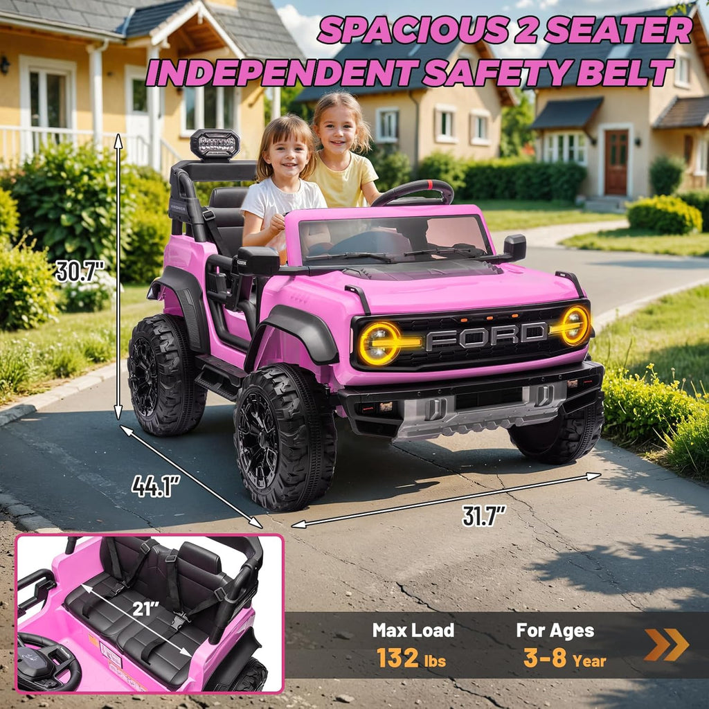 ENYOPRO 24V Ride On Toys for Big Kids, Licensed Ford Bronco Raptor 2 Seater Kids Electric Vehicle, Battery Powered Ride On Car Jeeps w/Remote Control, Bluetooth, 3 Speed, LED Lights for Ages 3+, Pink