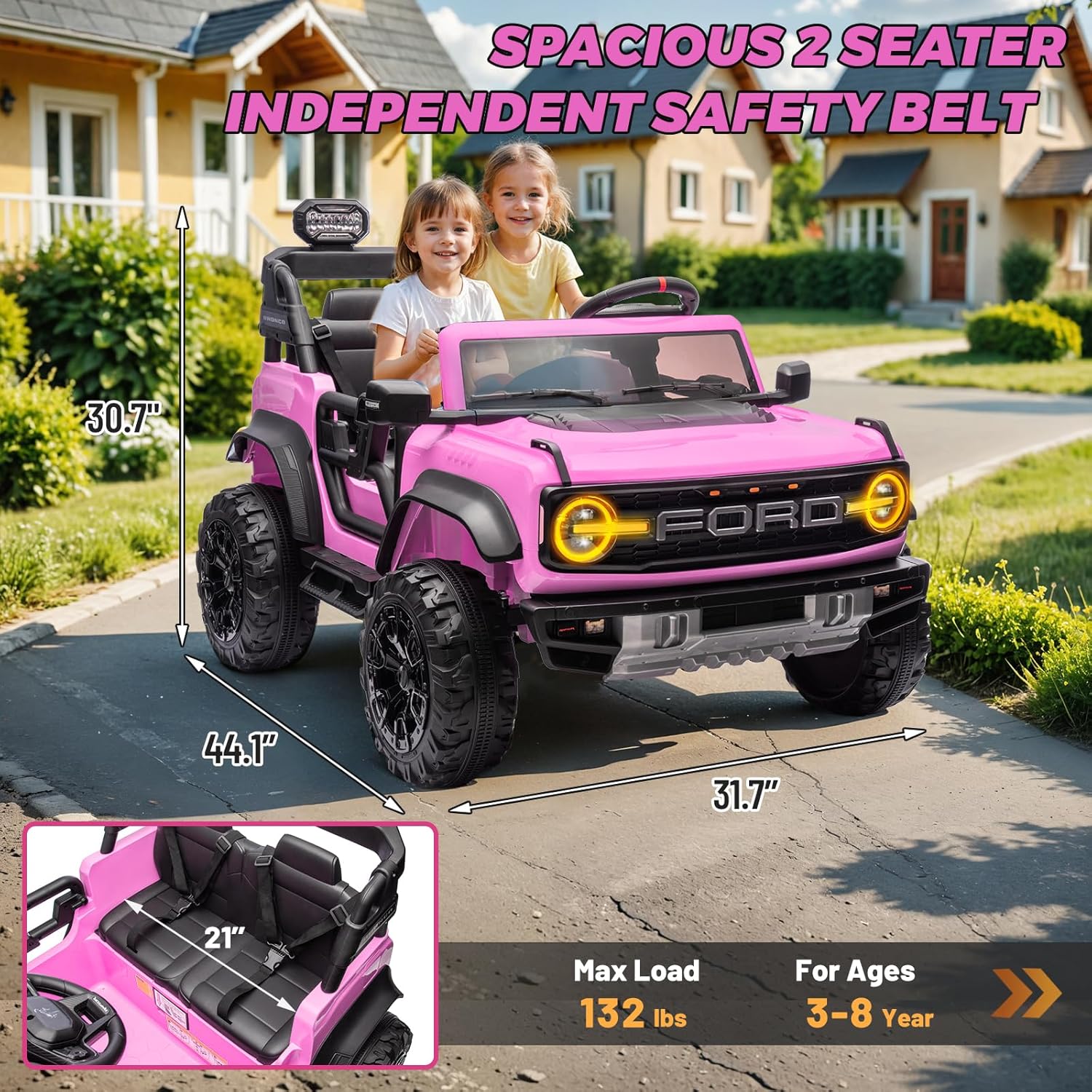 ENYOPRO 24V Ride On Toys for Big Kids, Licensed Ford Bronco Raptor 2 Seater Kids Electric Vehicle, Battery Powered Ride On Car Jeeps w/Remote Control, Bluetooth, 3 Speed, LED Lights for Ages 3+, Pink
