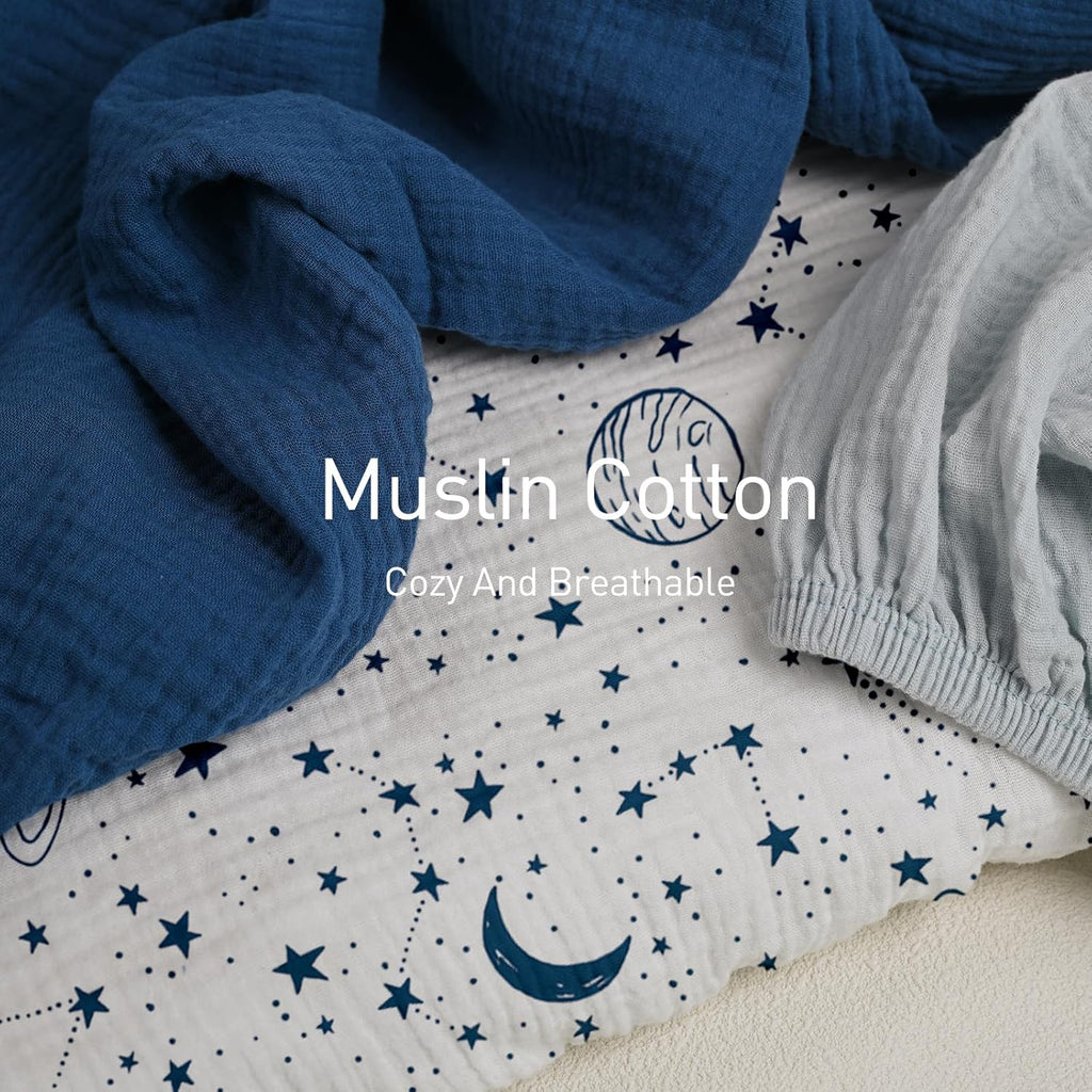 Gllquen Baby Muslin Bassinet Sheets 3 Pack, Breathable Elastic Cozy Fitted Cotton Bassinet Mattress Sheet for Baby Boy Girls, Fit for Hourglass Oval Rectangular Cradle Pad Sheets 33"x17" (Blue)