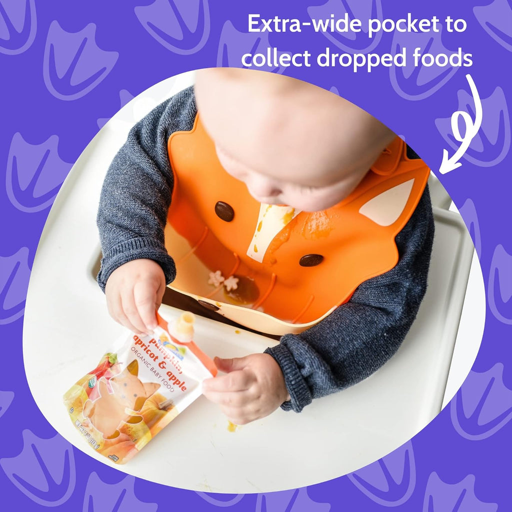 Silly Goose Set of 2 Silicone Baby Bibs, for Babies and Toddlers, Waterproof, Adjustable, Soft, Extra Wide Food Catcher Pocket, Animals (2PK Fox+Hippo)
