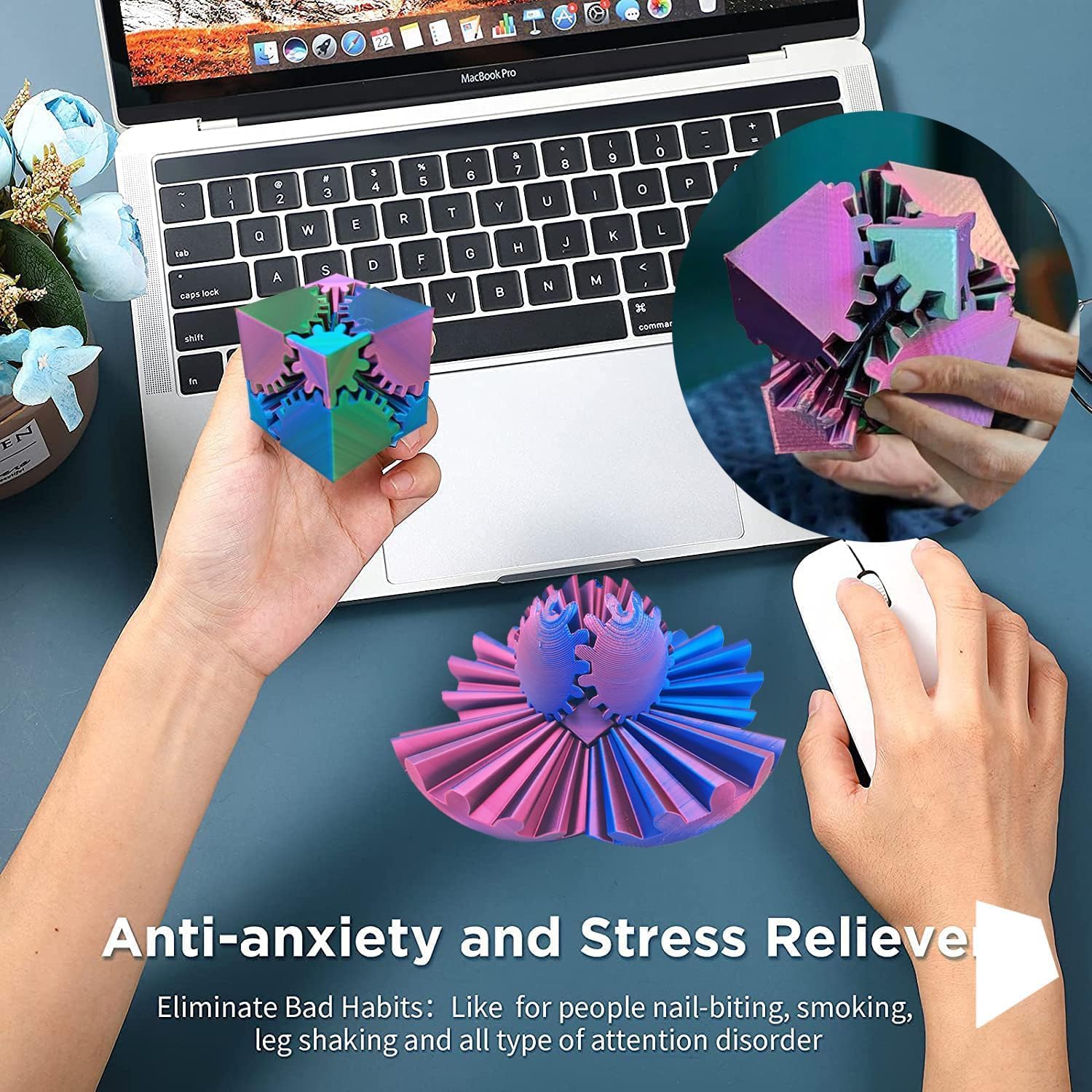 Gear Ball 3D Printed Gear Ball Spin Ball OR Cube Fidget Toy - Perfect for Stress and Anxiety Relaxing Fidget Toy, Desk Toy - Ideal for Sensory Needs and Autism (Red Blue)