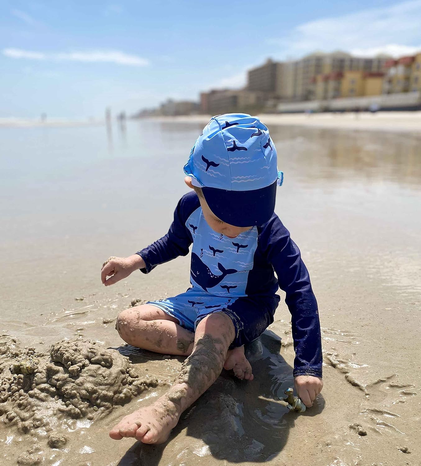 uideazone Baby Boys One Piece Swimsuit Long Sleeve UPF 50+ Rash Guard Bathing Suit Swimwear with Sun Hat 0-24 Months