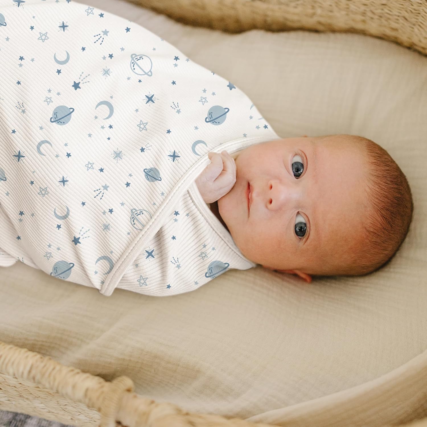 Konssy Knit Baby Blanket 2 Pack, Soft Ribbed Swaddle Receiving Blankets for Boys & Girls, Lightweight Cozy Swaddling Wrap for Newborns, Infants, & Toddlers, 33x42 Inch (Star,Blue)