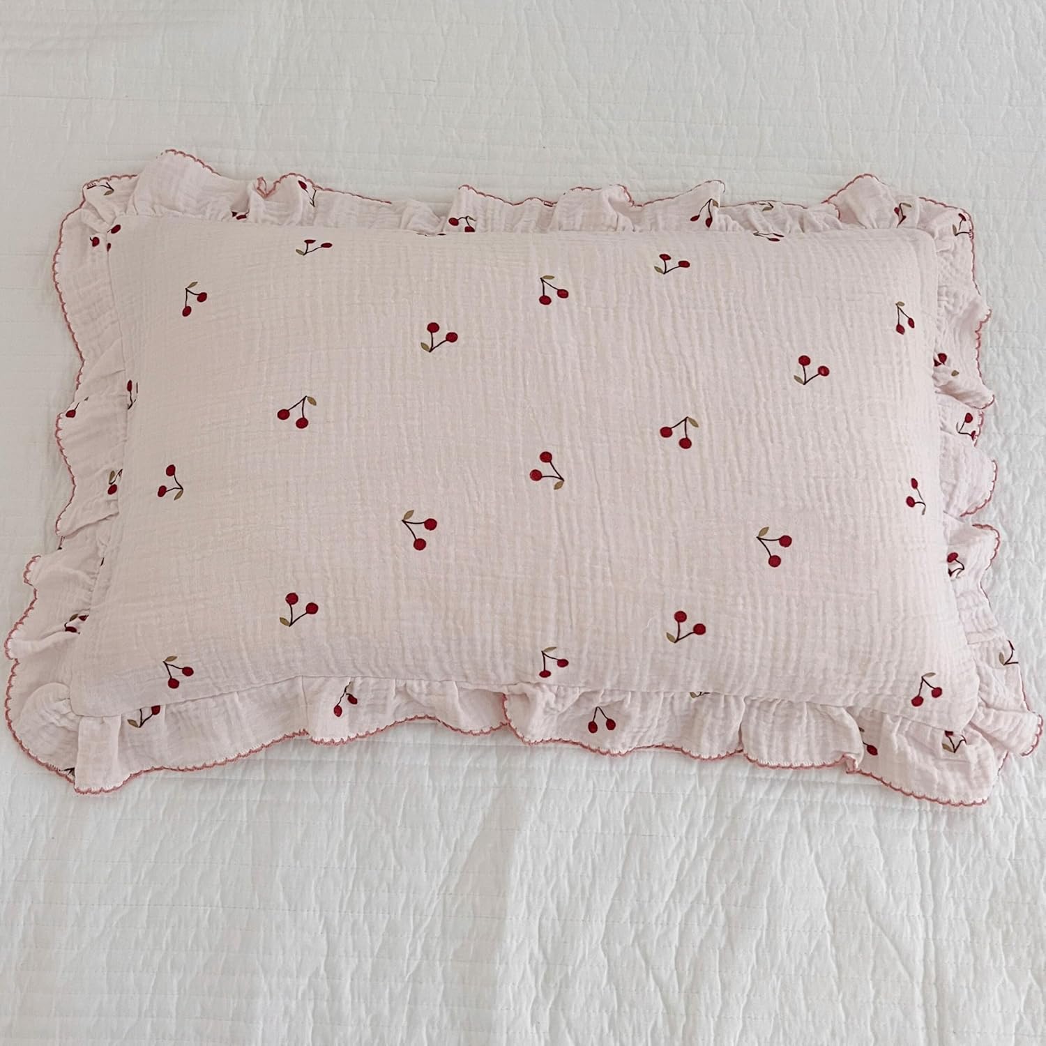 BuLuTu Cotton Muslin Ruffle Edge Kids Toddler Pillowcase Standard,Cherry Pattern Soft Travel Pillow Nursery Pillowcase for Boys,Girls,Bedding Decor Machine Washable, Durable Pillowcase 1 Piece