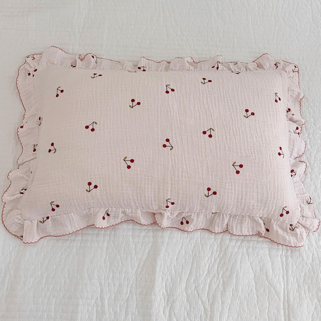 BuLuTu Cotton Muslin Kids Toddler Pillowcase Cherry Pattern, Soft Travel Pillow Ruffle Edge Nursery Pillow Case for Boys Girls, Bedding Decor, Durable Pillowcases 14"x20", 1 Piece