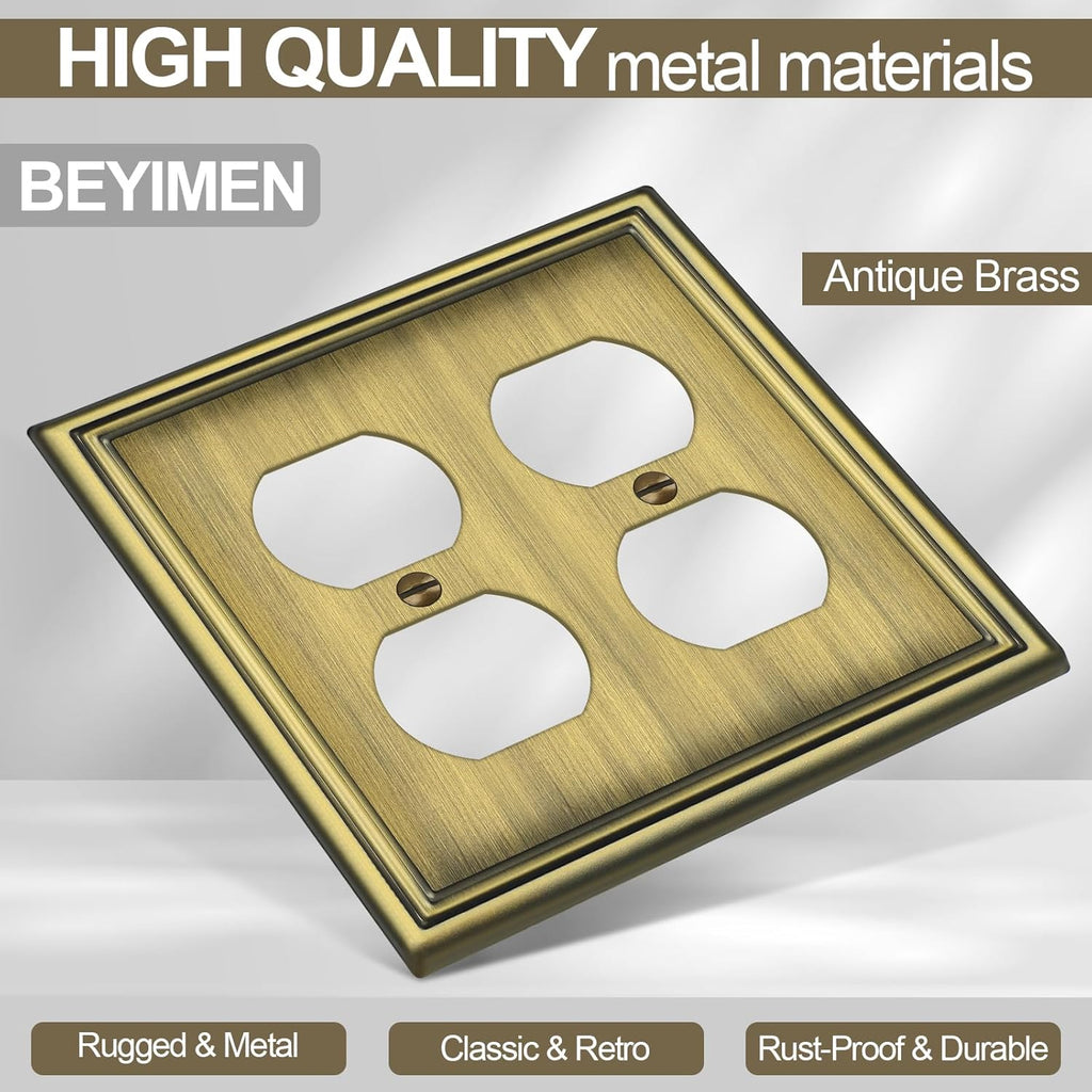 Metal Double Outlet Covers Wall Plate, Antique Brass Decorative Light Switch Plate 2 Gang Duplex Outlet Covers - Classic Style, 3 Pack