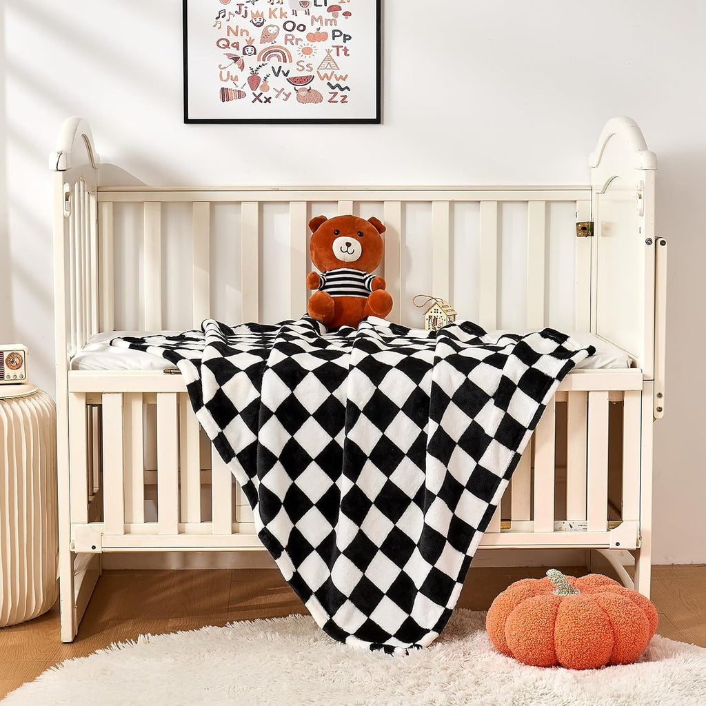 Yurhap Checkered Baby Blanket Fleece Baby Blankets for Boys Girls, Ultra Soft Cozy Fluffy Infant Toddler Newborn Receiving Blankets for Crib Stroller, 30''x40'', Black