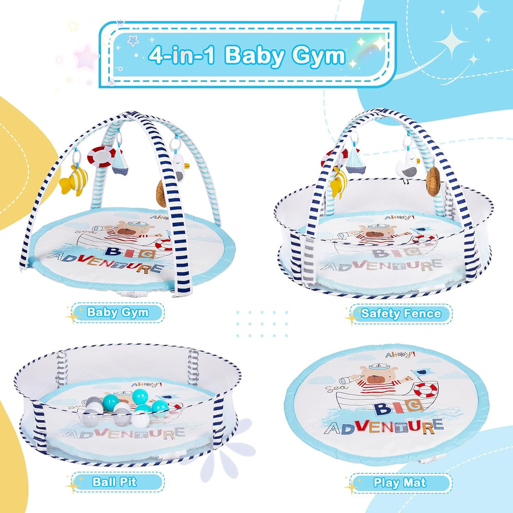 Baby Play Mat, 4-in-1 Baby Play Gym Tummy Time Mat with Ball Pit and 5 Detachable Toys for Newborn to Develop Sensory Exploration and Motor Skill 0-6-12 Months