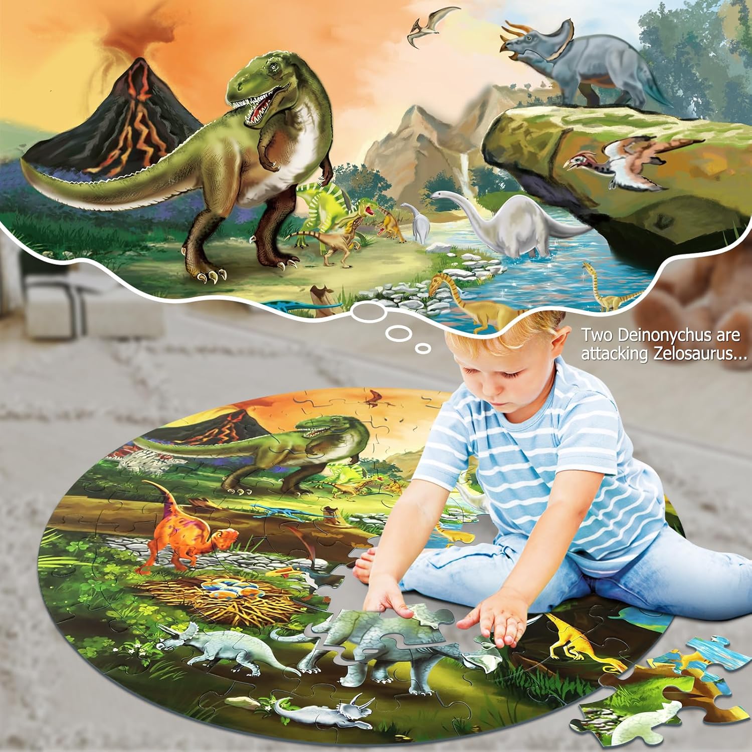 Floor Puzzles for Kids Ages 3-8, 70 Piece Dinosaur Jigsaw Puzzle for Kids Ages 3+ Year Old Large Round Toddler Puzzles Preschool Learning Educational Toys Gift for Boys Girls (Tyrannosaurus)