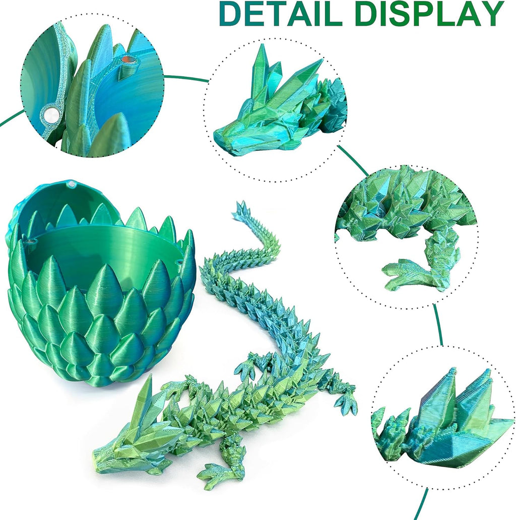 16.5 Inch 3D Printed Dragon with 6.1 Inch Dragon Eggs Fidget Toy ADHD Toys Executive Desk Toys Articulated Dragon Crystal Dragon Toys Home Office Decor(Blue-Green)