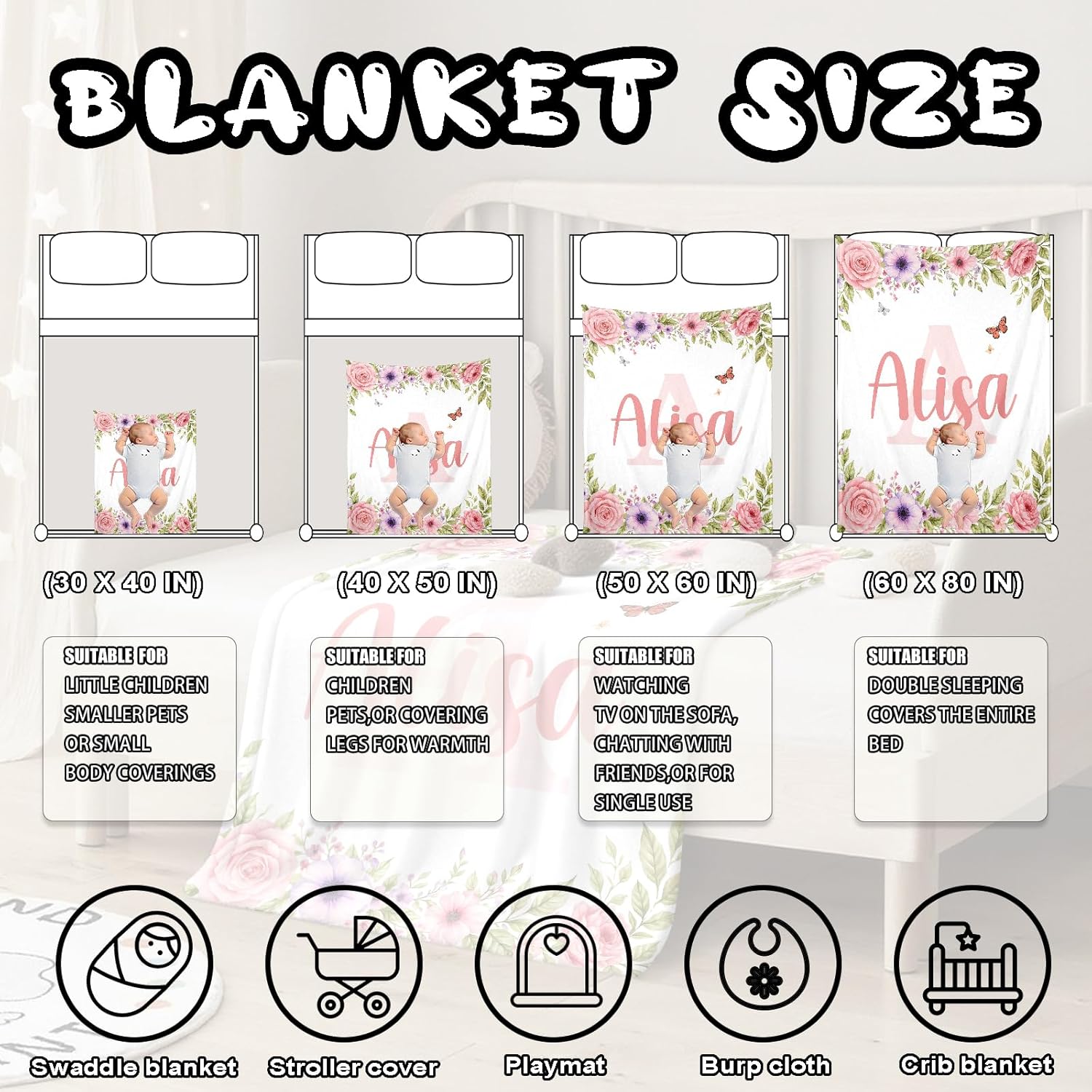 Ship Next Day, Personalized Baby Blanket – Printed in USA, Custom Baby Blanket for Boys & Girls, Baby Blanket with Name, Baby Shower, Easter, Christmas, Birthday Newborn & Toddler Gifts, Baby Gifts