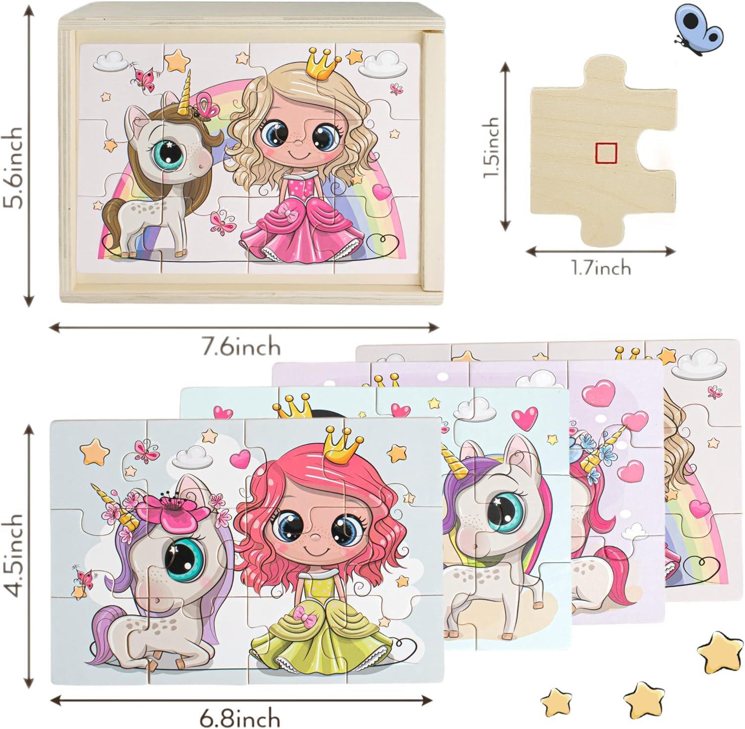 4-in-1 Princess Jigsaw Puzzles for Kids, Wood Puzzles for Kids Ages 3-5 48 Piece Wooden Puzzles for Toddlers 3-5, Wooden Puzzles for Toddlers, Essential Skills Gift for Girls Princesses