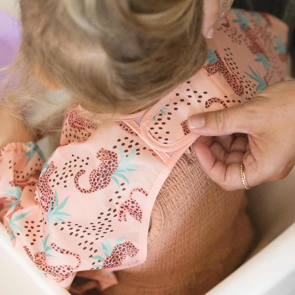 Tiny Twinkle Mess Proof Baby Bib,Waterproof Smock Baby Bib for Eating,Machine Washable Long Sleeve Bib,Baby Led Weaning,Toddler Bib (Leopard, Small 6-24 Months)