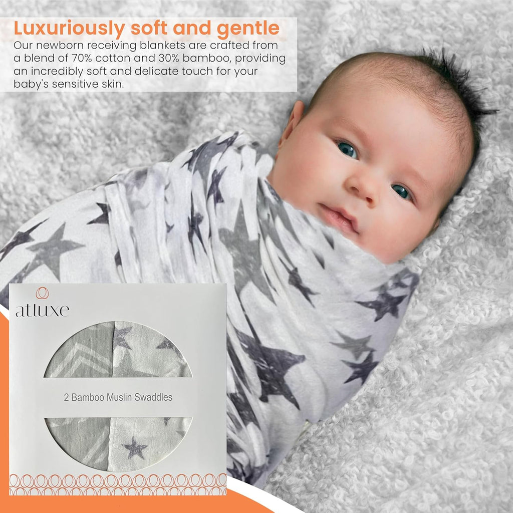 Premium Baby Swaddle Blanket - 2 Pack Muslin Swaddle Blankets Neutral, Softness Upgrade, Breathable 47''x47'' Nursery Wrap for Boys & Girls - Unisex, 70% Viscose from Bamboo, 30% Cotton (Gray)
